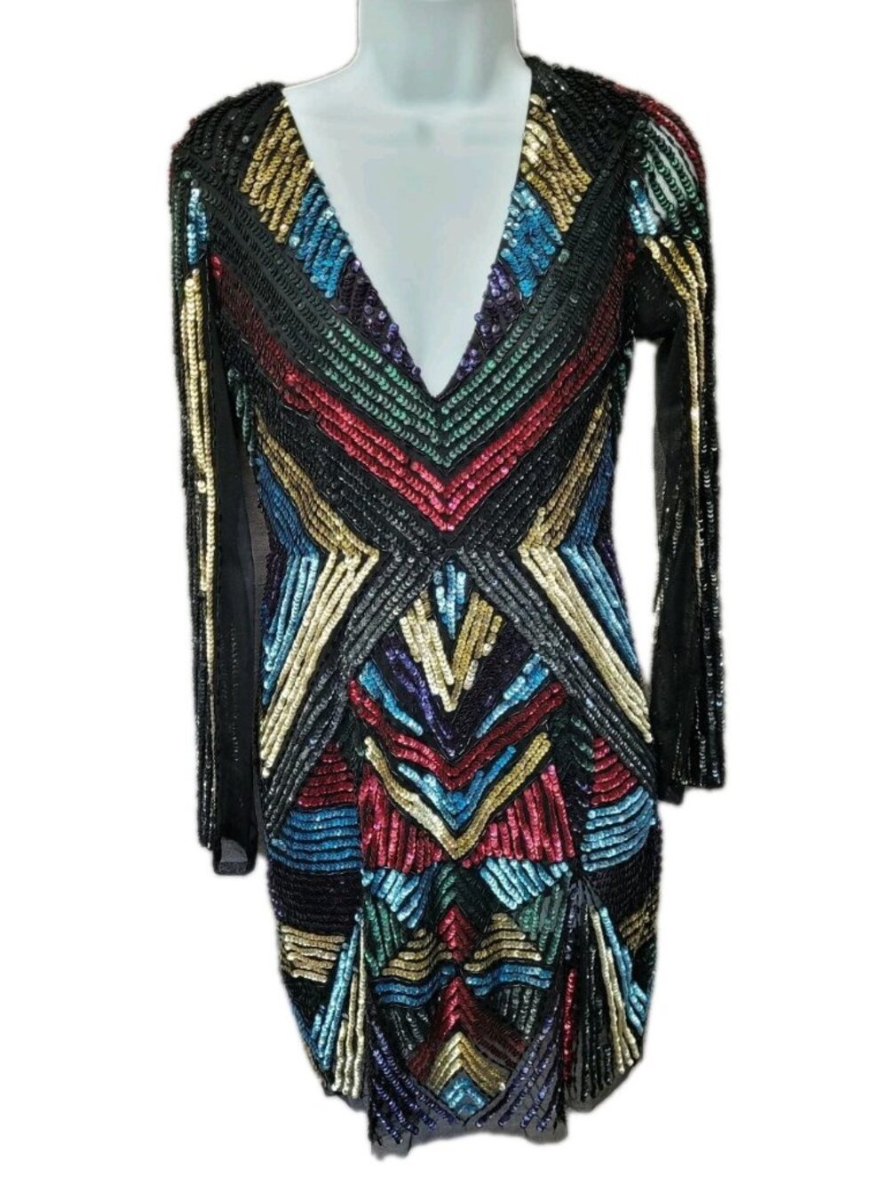Y2K Aidan  Mattox Womens Sequin Beaded Bodycon‎ Dress 4 Black Sheer Long Sleeve